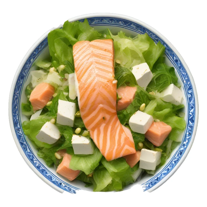 Cesar salad with salmon in a Moroccan style blue and white bowl sticker