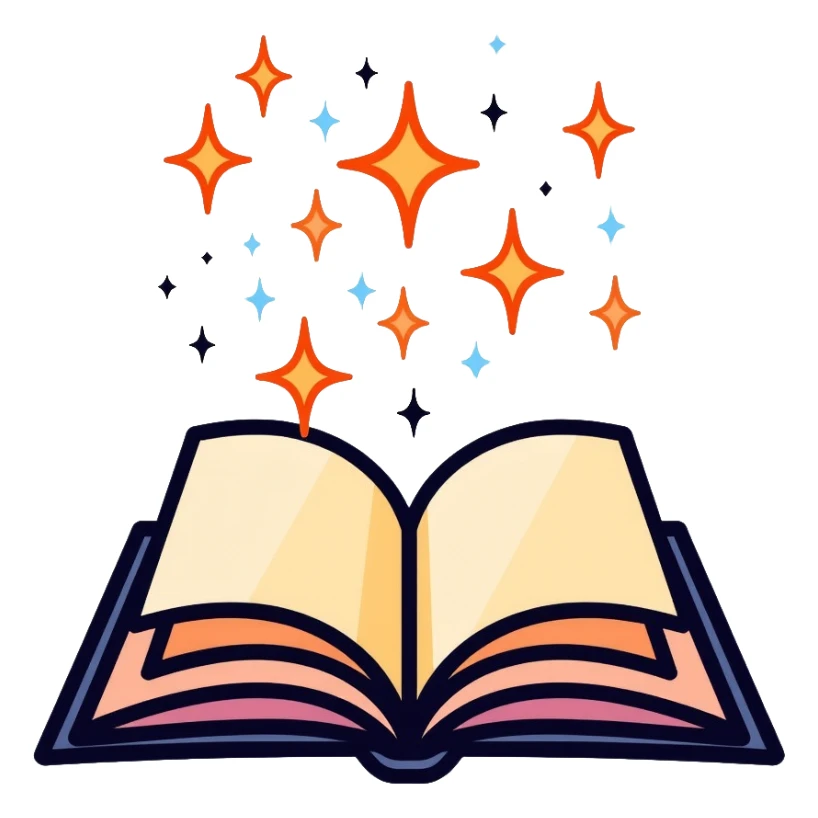 Colorful open book with magical sparkles floating above the pages sticker