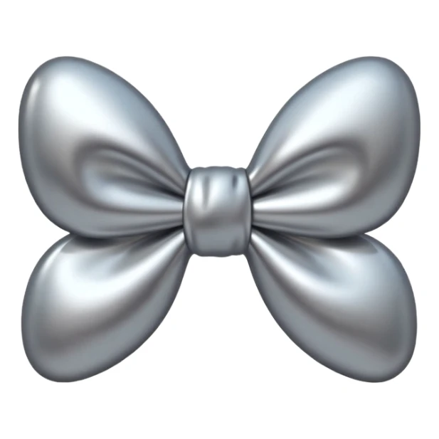 A cute bow emoji made of polished silver chrome, smooth rounded loops, glossy metallic surface, soft mirror reflections, subtle highlights, minimal and adorable proportions, iOS emoji style, centered composition, clean white background, soft studio lighting, no text, no outline, ultra high quality sticker