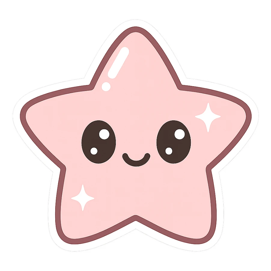 pink sticker, star shape, shiny effect, kawaii style sticker