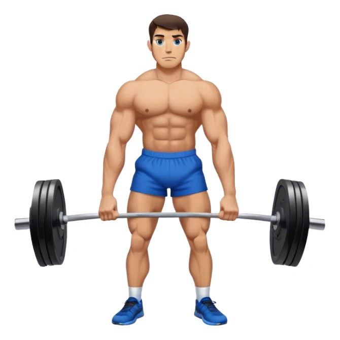 brunette buff man with blue shorts deadlift sticker