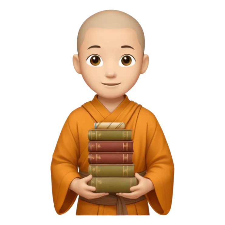A young monk carrying a stack of ancient books, slightly wobbling but smiling softly.
 sticker