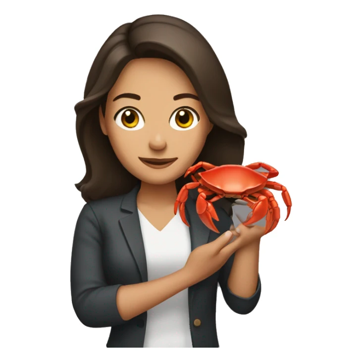 Brunette woman holding a crab sticker