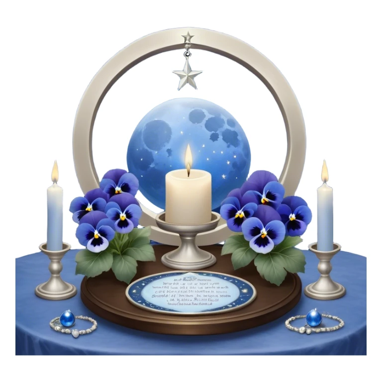 An enchanting night scene where deep blue and light blue pansies gently sway under the soft light of a silver crescent moon. A round, pearl-colored candle sits at the center of a sacred astrological altar, surrounded by silver-trimmed star charts and delicate planetary symbols glowing faintly in the twilight. Nearby, a beautifully crafted crystal sphere rests atop an ancient book of celestial wisdom, reflecting the constellations above. The sky is alive with swirling nebulae and zodiac glyphs, forming intricate cosmic patterns. A faint silver doorway, outlined by threads of lunar energy, shimmers in the background, hinting at hidden knowledge beyond the stars. sticker