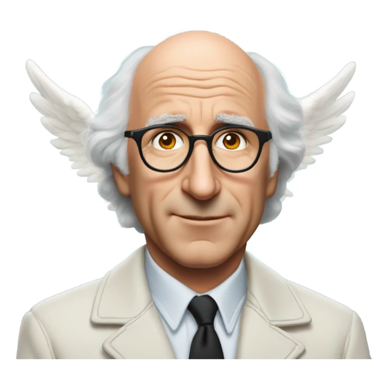 Larry David  in jacket portrait with an angel halo sticker