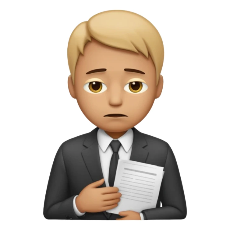 emoji character wearing a suit. face has a very sad, disappointed expression with drooping eyebrows and half-closed eyes. posture is dejected, with slumped shoulders just rejected from his interview to get a job, holding cv sticker