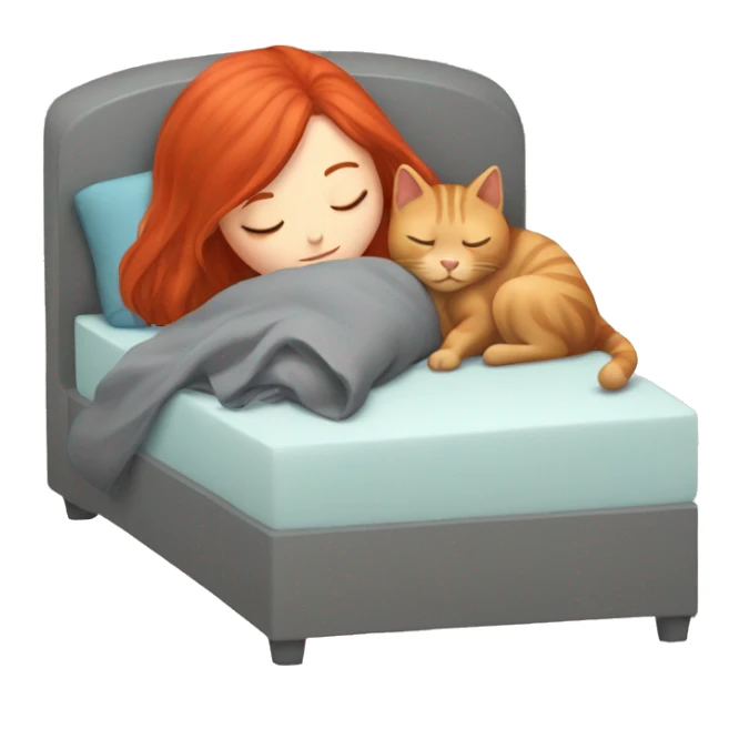 Girl with red hair sleeping next to a GRAY cat sticker