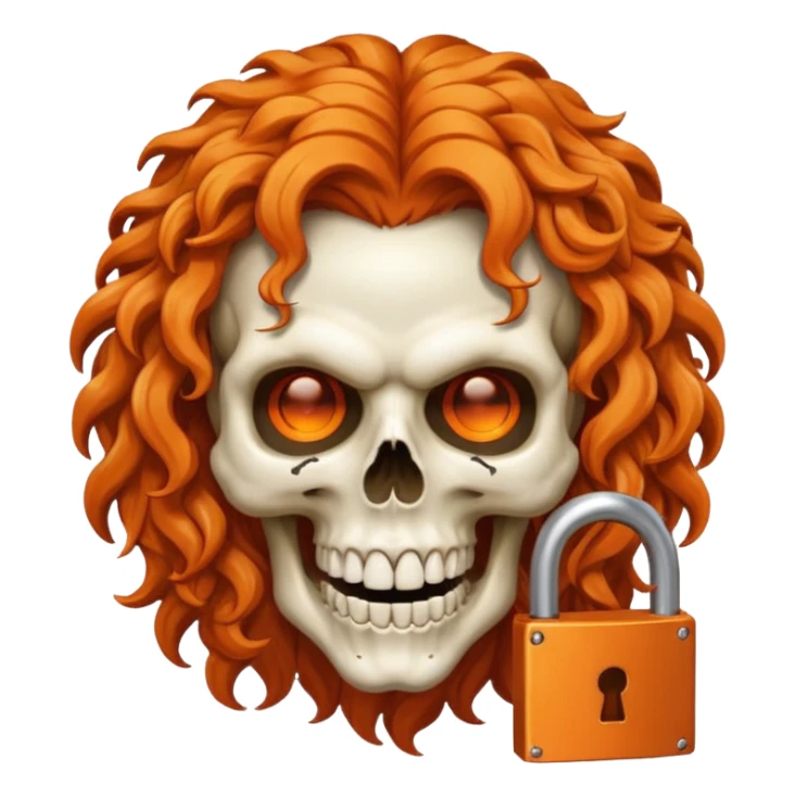 cinematic realistic Megadeth iconic skull mascot with a padlock in his teeth, orange curly huge hair sticker