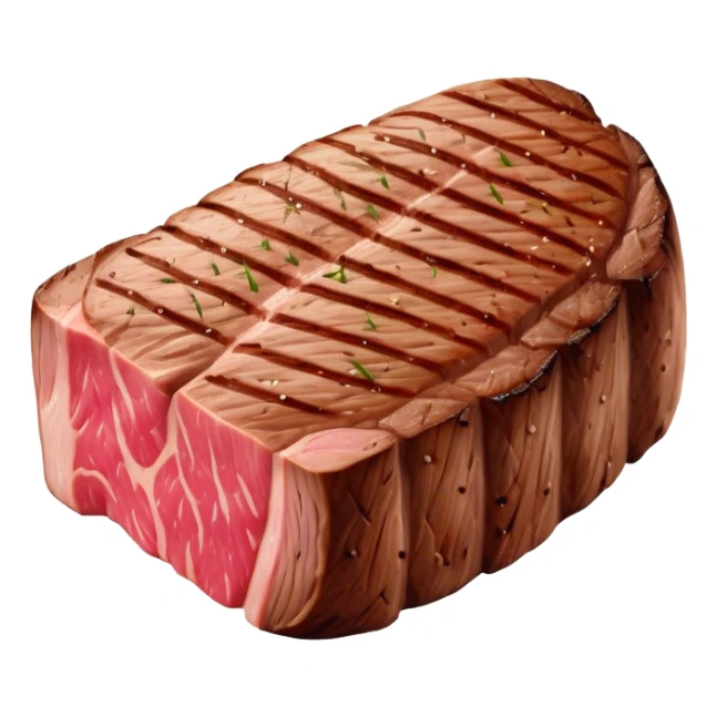 Cinematic thick-cut steak, perfectly seared with grill marks, a juicy pink center, rich and savory, warm glow, sizzling and mouthwatering, highly detailed and appetizing. sticker