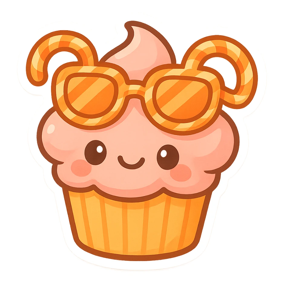 A cupcake topped with neon orange sugar cane sunglasses, whimsical and fun, sunglasses are made of candy, cute chibi stickers style, bright and colorful sticker