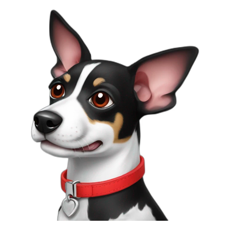 black and white rat terrier wearing red collar sticker