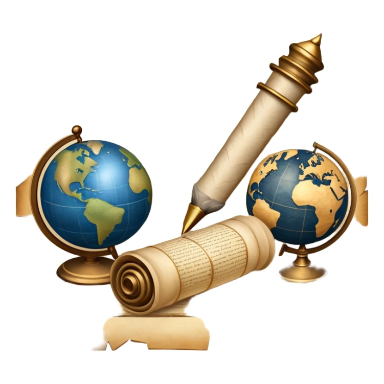 An icon featuring an ancient scroll, a quill pen, and a globe, symbolizing the study of history. The design includes a timeline with significant historical events, with ruins in the background to evoke past civilizations. Transparent background emphasizes the exploration of human history sticker