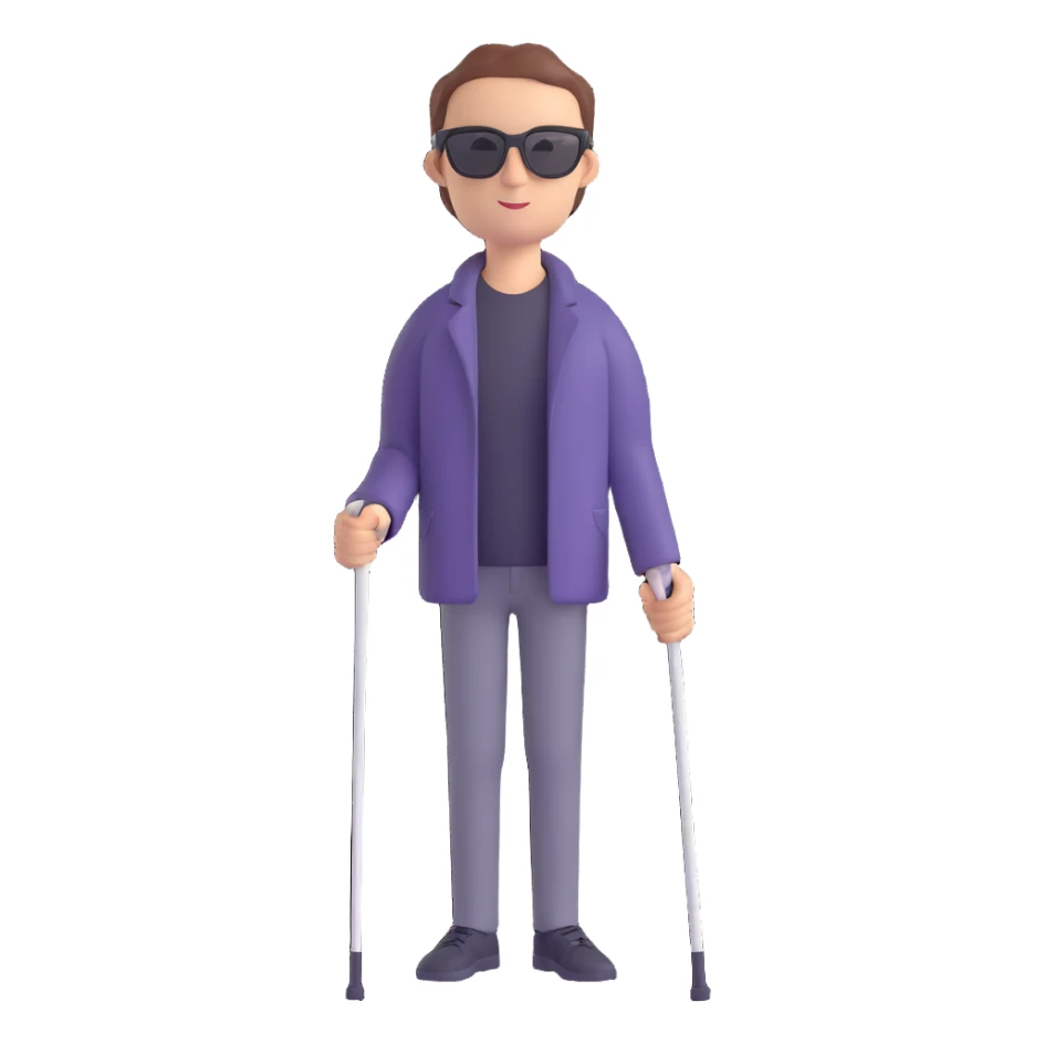 A blind person walking with a white cane, wearing sunglasses, outdoors, daytime. Focus on the cane and posture that indicates visual impairment. sticker