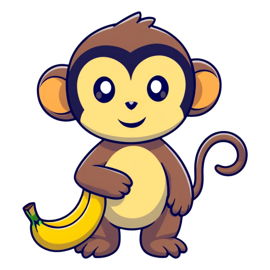 super kawaii baby monkey with big shiny eyes and tiny paws carefully peeling a banana sticker