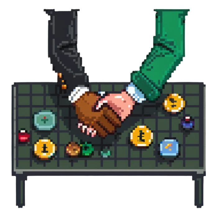 scene of two people shaking hands over a table with charts and coins sticker