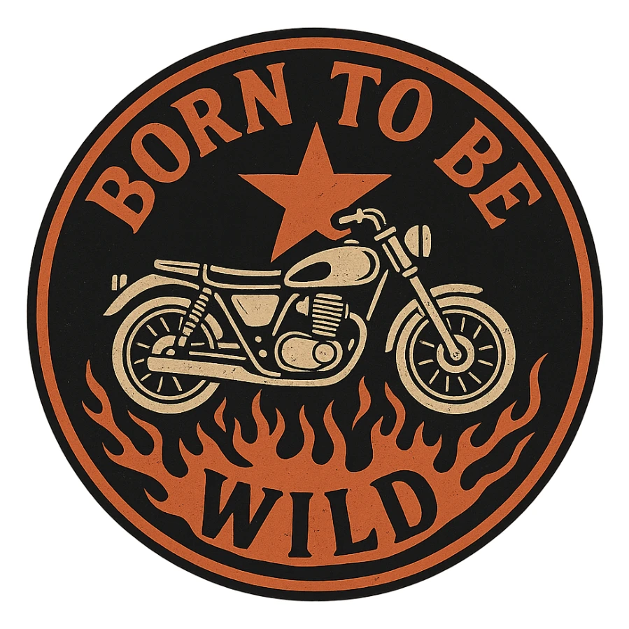 circular motorcycle cap design with transparent background, text 'Born to be wild', motif: star, motorcycle, flame, retro style sticker