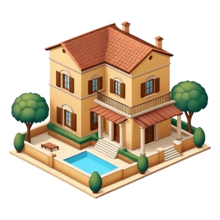 Italian Tuscan villa, isometric dollhouse-style, realistic sticker