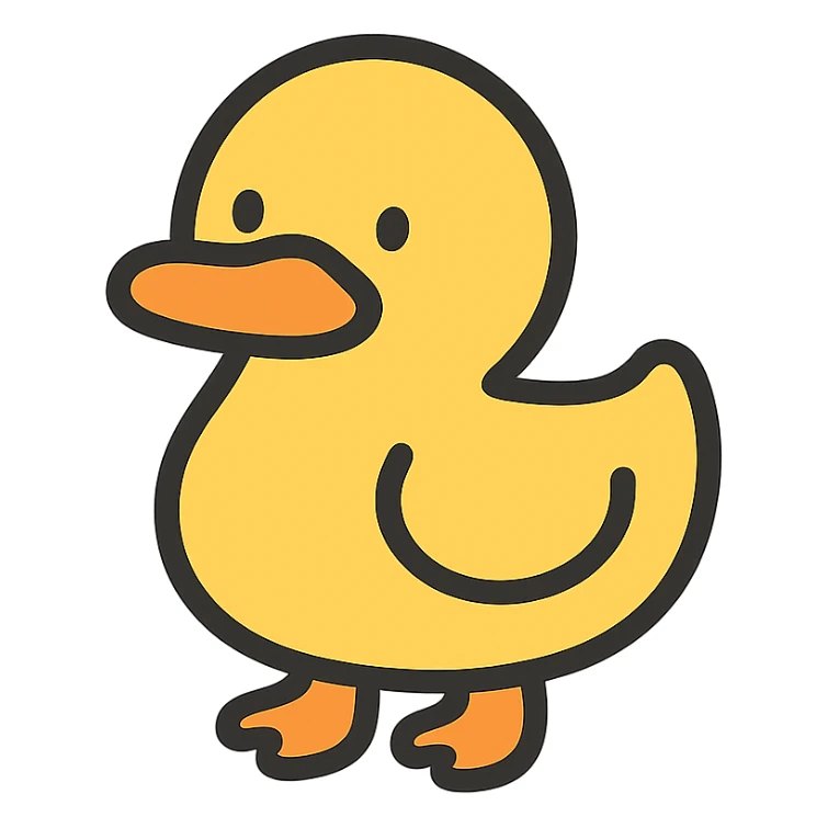 cute cartoon duck icon, rounded shapes, friendly expression, yellow beak, modern icon style sticker