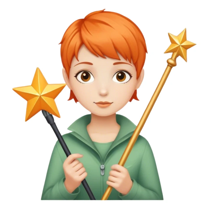 girl with orange pixie cut holding star-tipped wand sticker