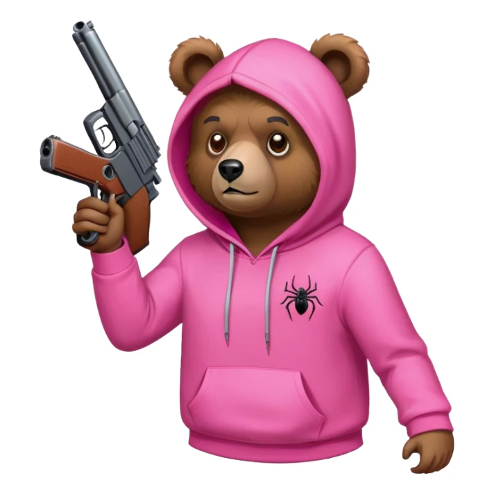 Bear in pink hoodie shooting a gun at a spider sticker