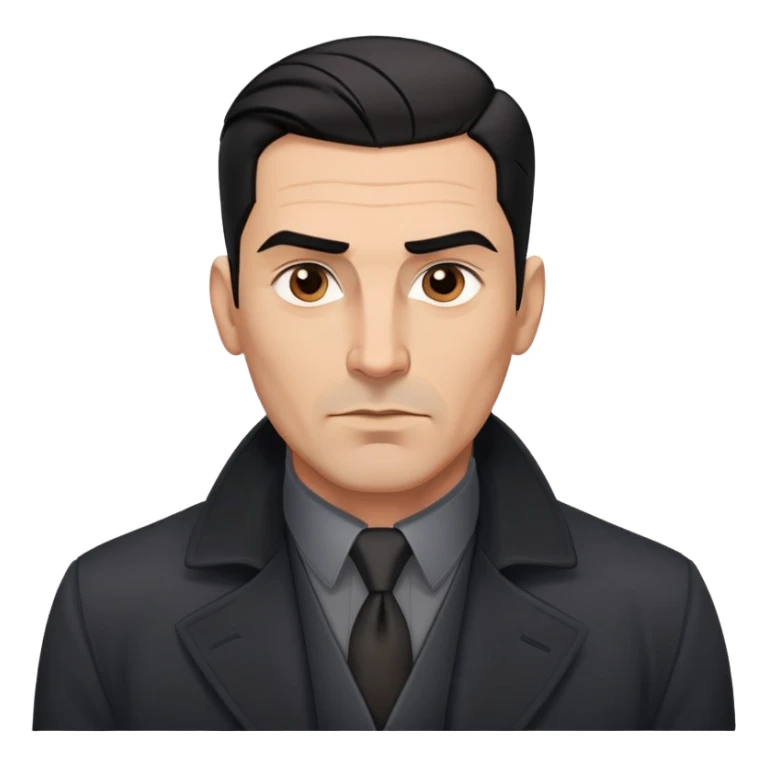 Robust athletic man in his 40s with light brown skin tone, short slicked back straight black hair with fade haircut, strong square face, thick eyebrows, wide nose, black overcoat with buttoned gray shirt visible underneath sticker
