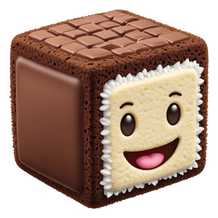 Cinematic Realistic Lamingtons Dessert Emoji, depicted as soft sponge squares coated in chocolate and coconut rendered with mouth‚Äêwatering detail and vibrant lighting. sticker