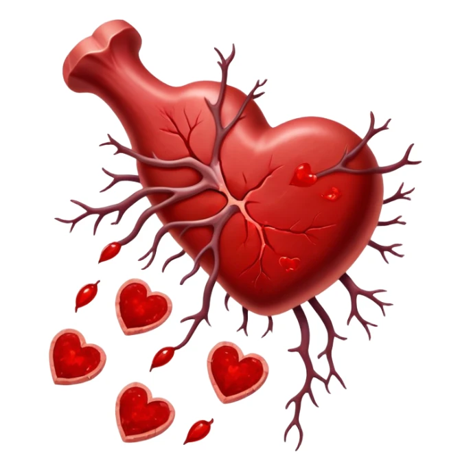 Ethereal red steaks, liver, and dark meat cuts floating alongside a glowing bone marrow. They transform into bright red blood cells that flow toward a heart at the center. The heart pulses with energy that radiates throughout a silhouette of a body, illustrating how heme iron creates vitality. sticker
