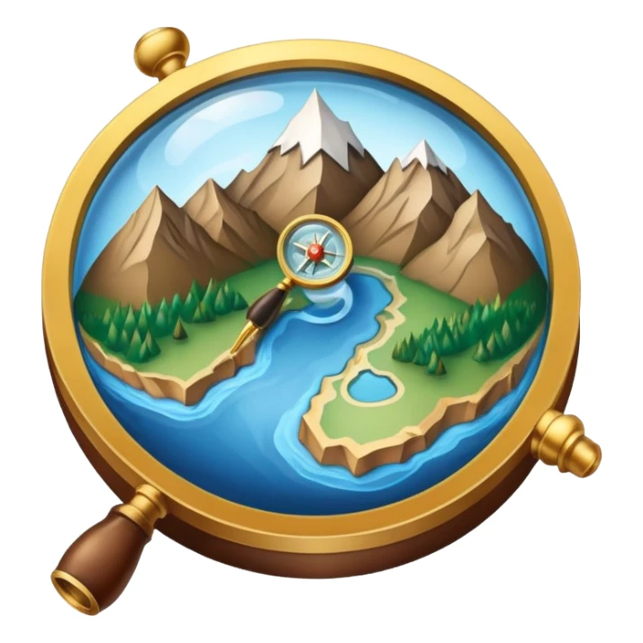 An icon featuring a globe, a compass, and a topographic map, symbolizing geography. The design includes mountain ranges, rivers, and a magnifying glass, representing the study of Earth's landscapes, features, and spatial relationships. Transparent background highlights geographic exploration. sticker