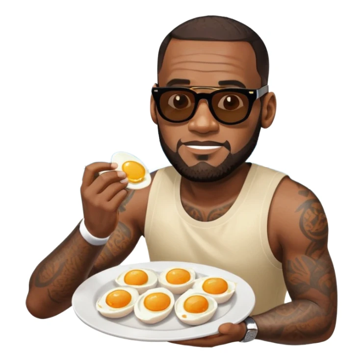 LeBron James enjoying a plate of eggs and fish outdoors in the sun sticker