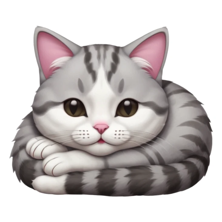 grey and white small cat with its eyes closed lying down with its head resting own paw sticker