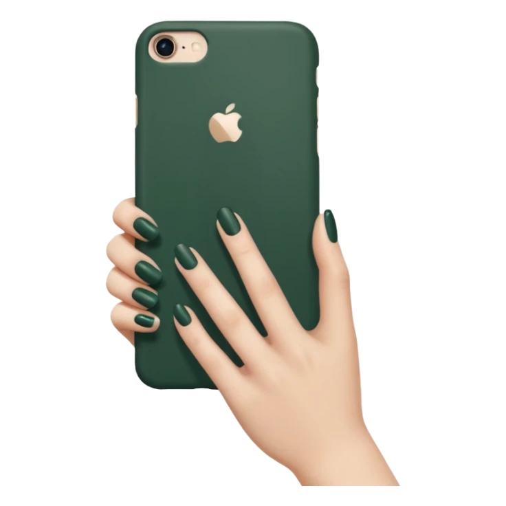 female hand with nude manicure holding an iPhone in a dark green case, side view, minimalism, no extra details sticker