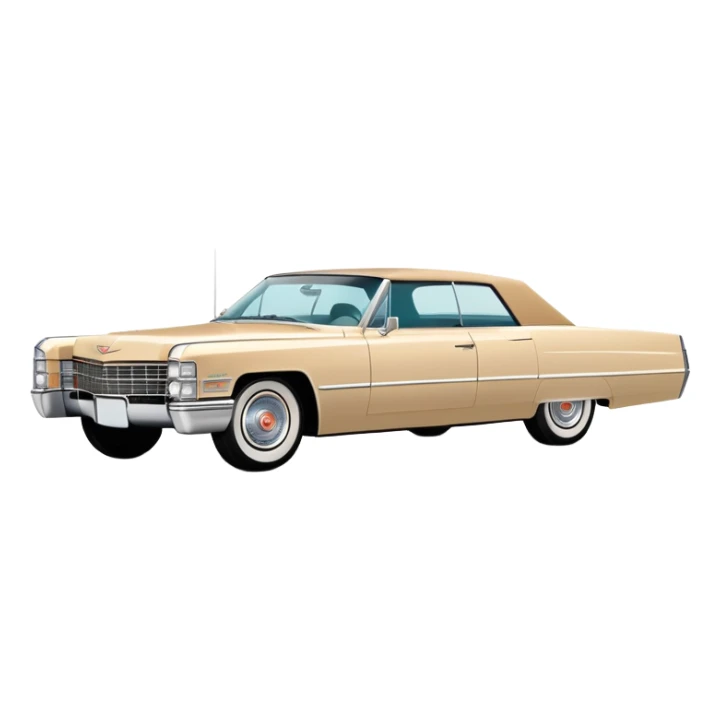 Ultra-minimalist beige 1966 Cadillac DeVille, very simplified shapes, clean 30-degree perspective, only essential details, basic geometric representation, Once Upon a Hollywood car, iOS emoji style sticker