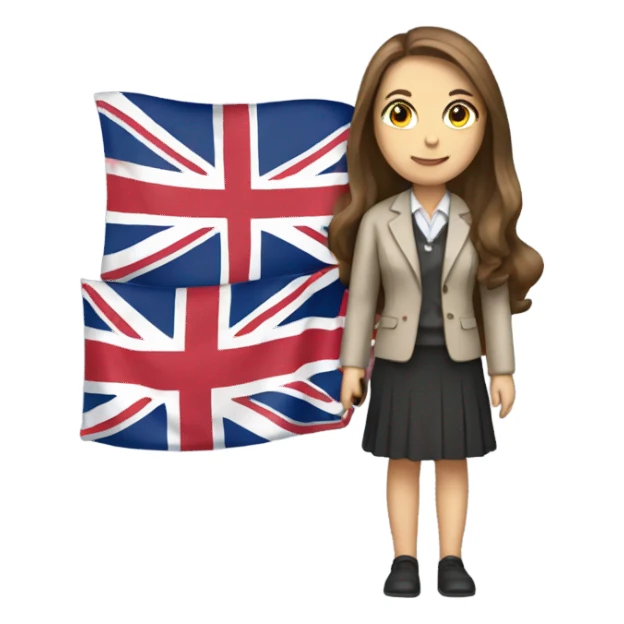 English teacher female with long brown hair and Britain flag sticker