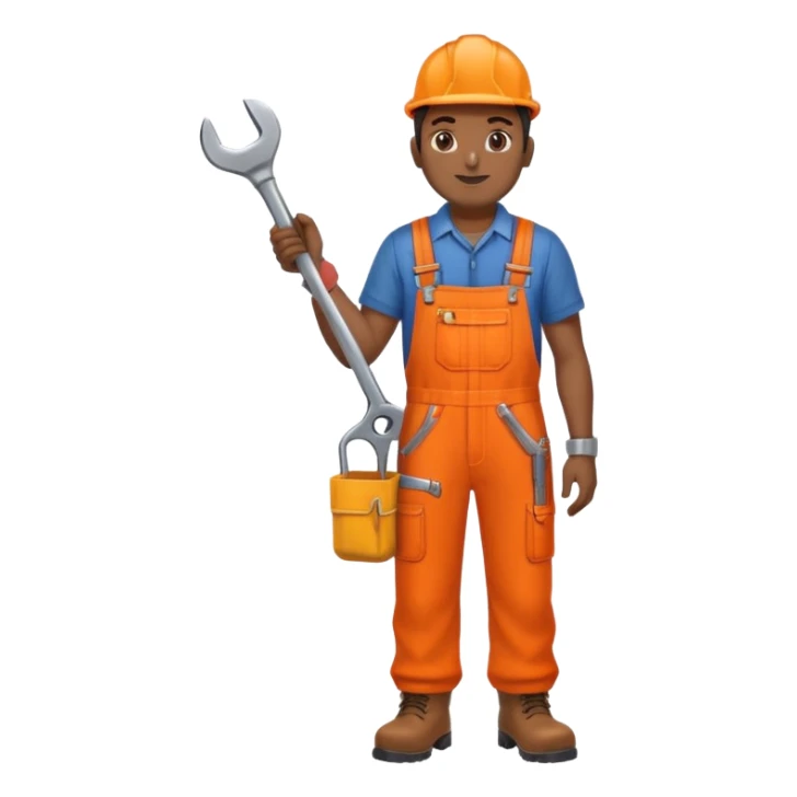 Indian male railway engineer orange overalls, boots holding a spanner sticker