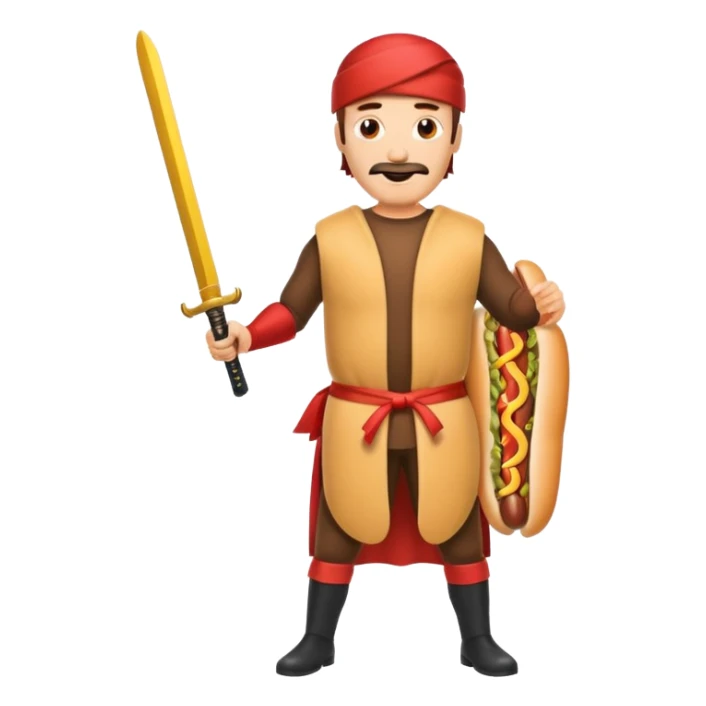 Middle aged attractive man wearing a hot dog costume wielding a katana sticker