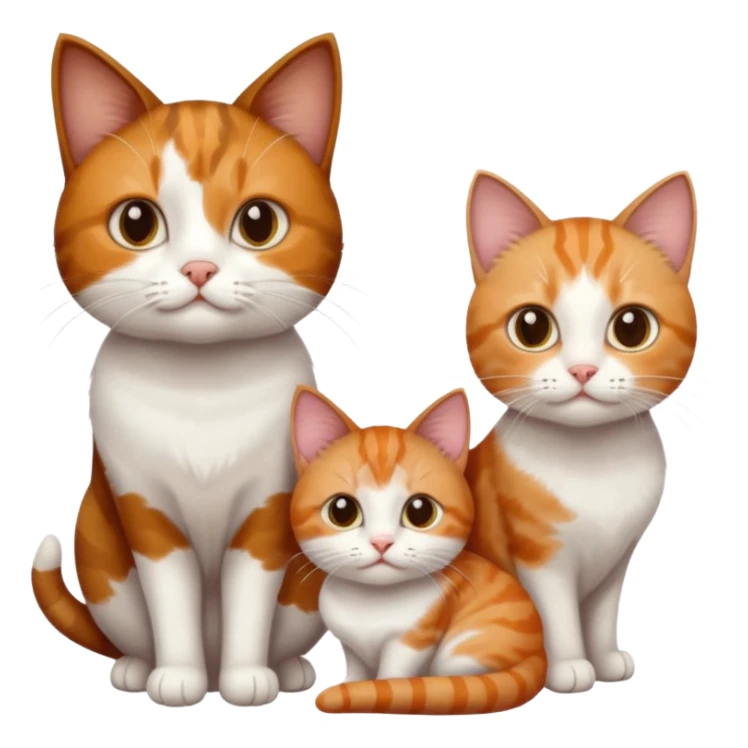 3 different coloured small cats including a dark brown tabby and white, and a patchy calico, and a ginger and white sticker