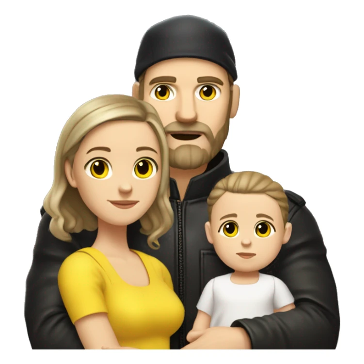 White-skinned slavic man with stubble, gray beard, brown hair, black eyes, black Reebok cap, leather jacket, holding infant girl in yellow dress with yellow bow. sticker