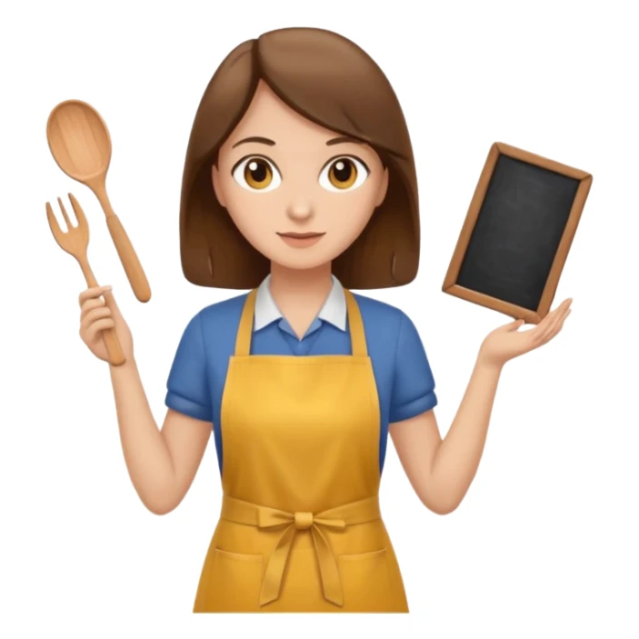 teacher with medium brown hair and brown eyes, wearing a mustard-colored apron sticker