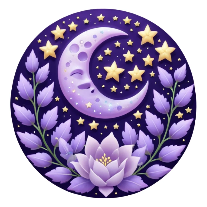 Beautiful poetic ethereal romantic aesthetic sparkly glittery shiny pretty floating pastel lilac lavender Violet moon and flowers and leaves and sparkles and stars aesthetic deco sticker