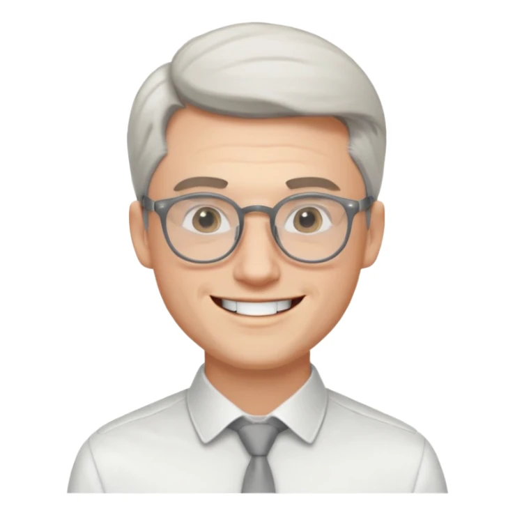 30 yr old pale white man, white/grey side swept stylish hair, round glasses, big smile, white teeth, handsome, longer hair, thin glasses, white dress shirt sticker