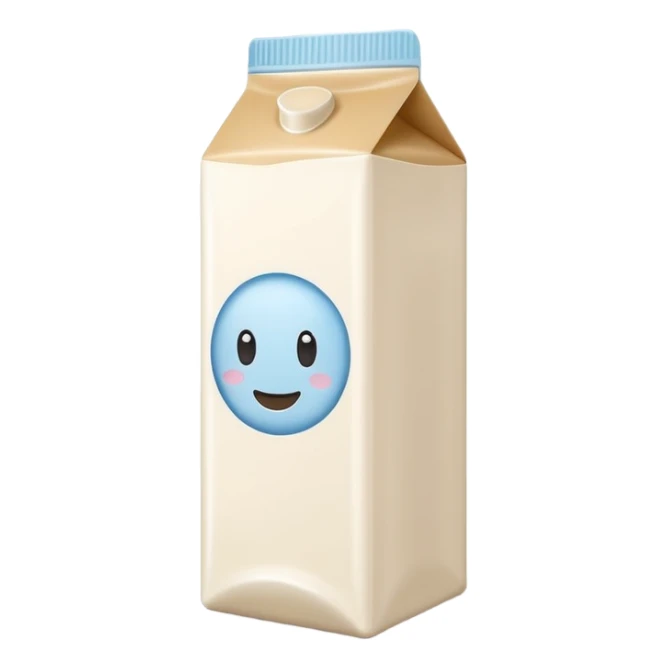 realistic soy milk carton or bottle, white or beige, minimal modern design, neutral cap or spout, small soy bean or leaf illustration, no branding or text, smooth creamy liquid, no glass, cereal, background, or faces, clean 3D, soft lighting, transparent background, emoji scale sticker