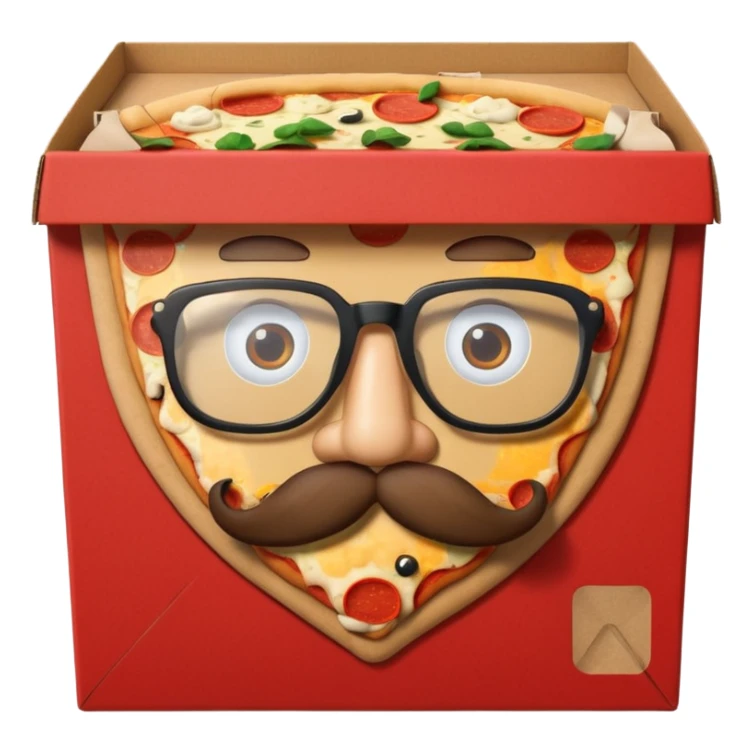 pizza take-out box with glassess and mustache sticker
