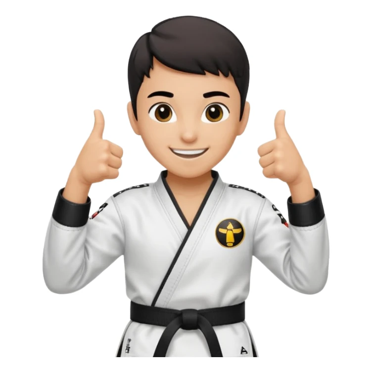 Perfecto pero el uniforme debe ser de taekwondo de ATA cinturón negro con un logo de mambo negra y realizando este gesto sonriendo 👍🏼 sticker