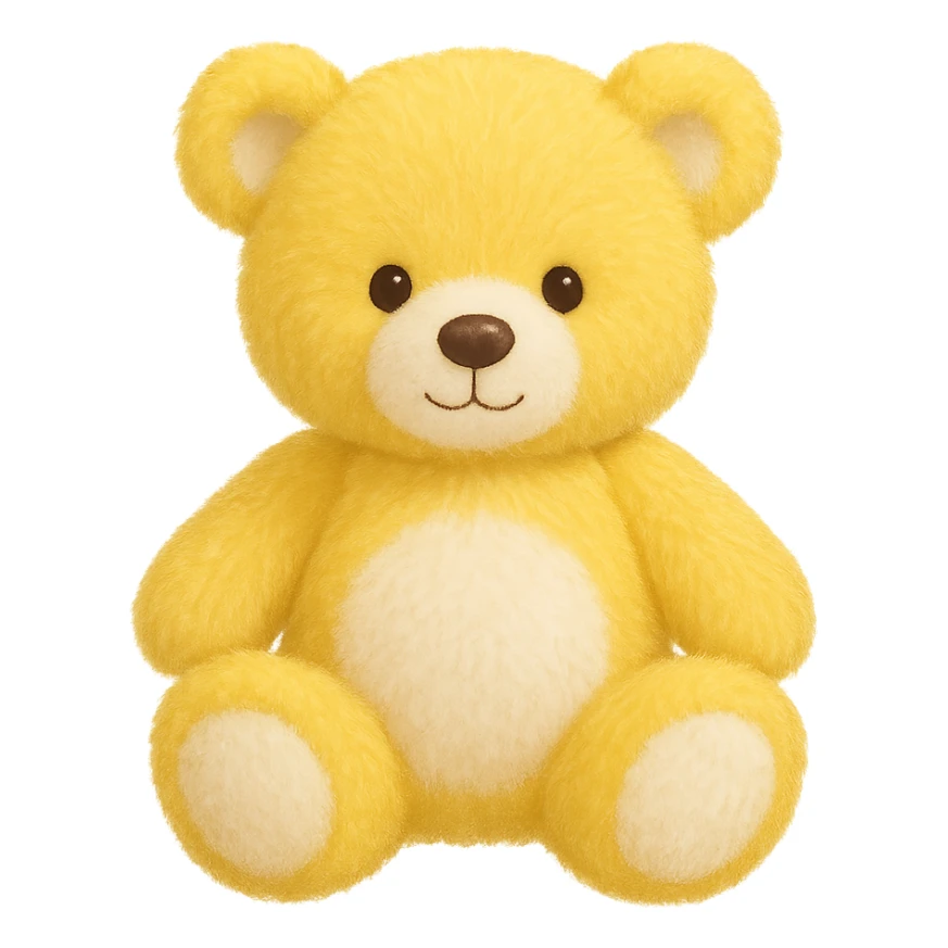 Change the teddy bear's fur to yellow and white, keep it soft and plush, no shadows, flat lighting, no background. The style should maintain the original look of the teddy bear. sticker
