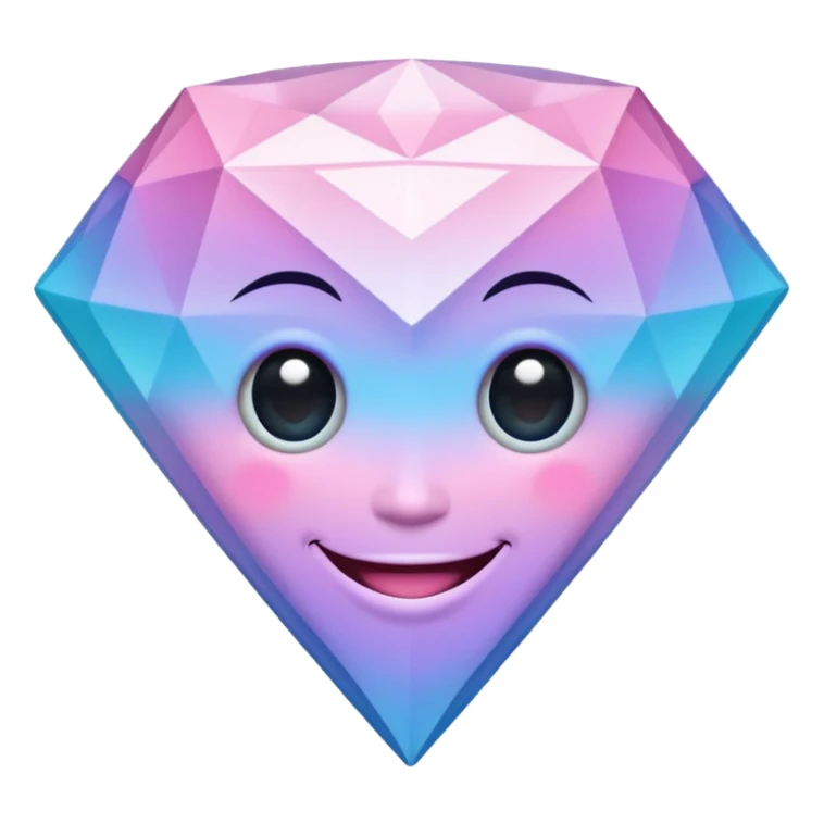 A cheerful diamond logo with a black outline and a smiling face, set against a pastel gradient of pink, blue, and lavender. Smaller diamonds surround it, forming a larger diamond pattern. Playful yet sleek, perfect for branding, digital media, or a fun, eye-catching emblem. sticker