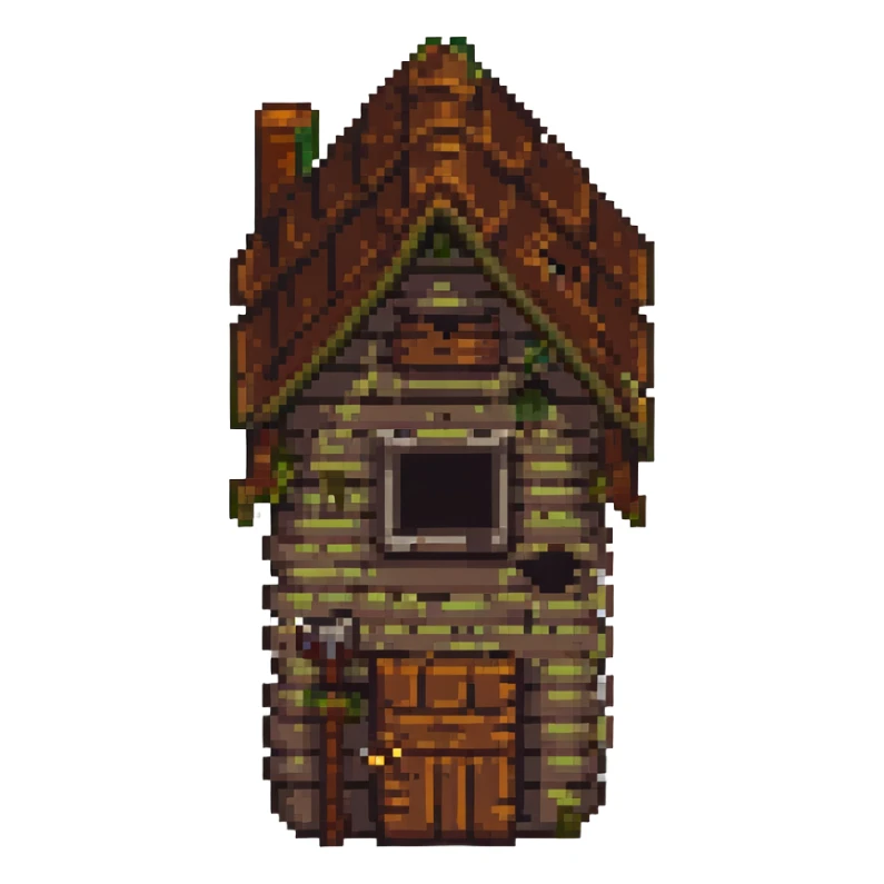 orc small cabin, pixel art style, green and brown details sticker