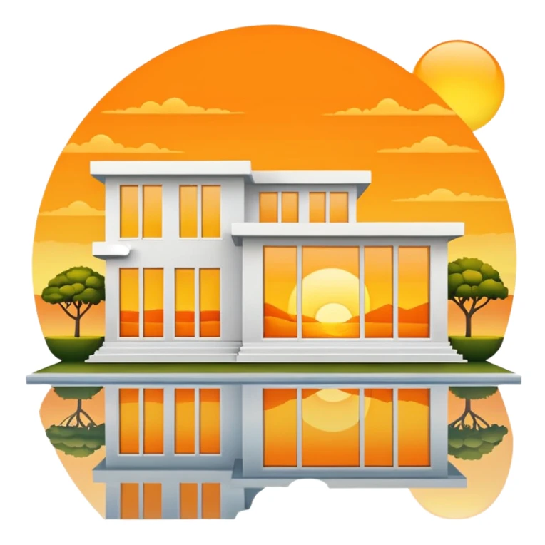 modern villa with windows reflecting a yellow and orange sunset sticker