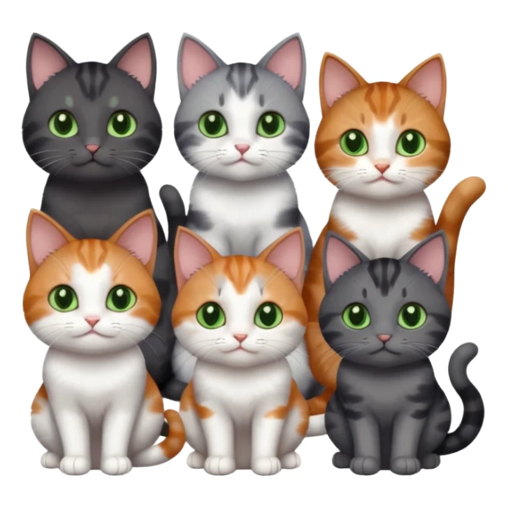 6 different coloured small cats including a dark grey and white, and a patchy calico, and a brown tabby and white,  and a completely solid dark grey with green eyes and only white paws sticker