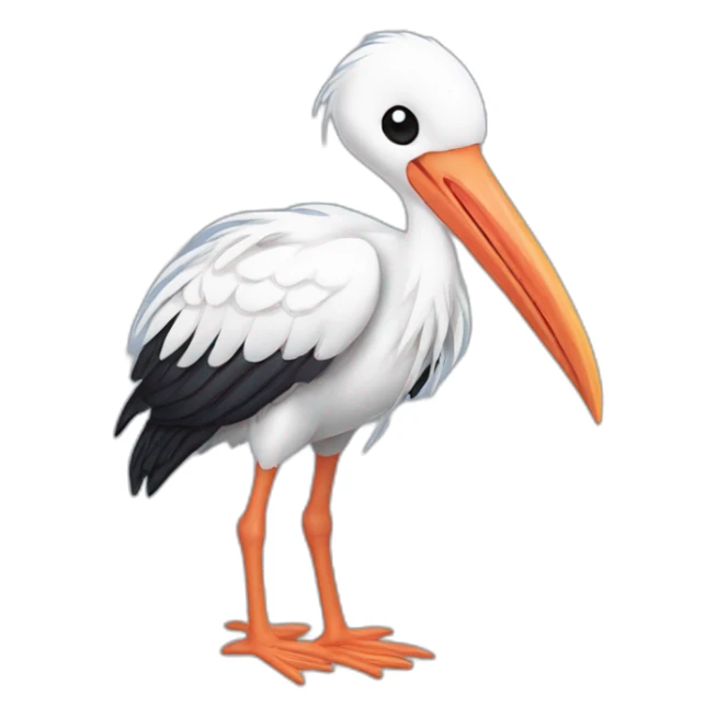  white stork with a long beak. The stork is carrying a bundle of cloth in its beak that has a cute baby human and his face peeking out from it sticker