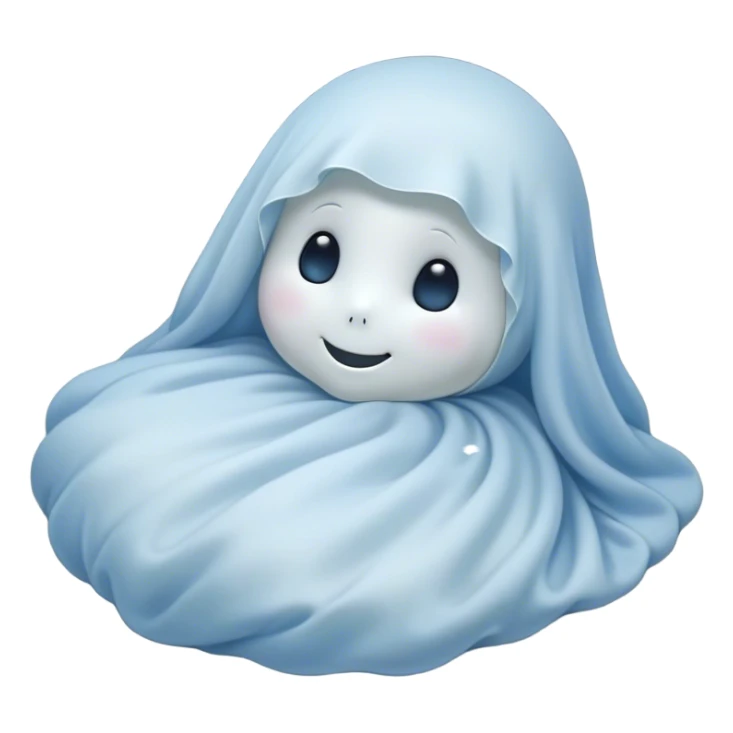 An adorable, peacefully floating sheet-like ghost in gentle pastel whites and blues, its soft, rounded form loosely draped, head resting with closed, serene sparkling eyes and a tiny, contented smile, simplified yet irresistibly charming, highly detailed, with a soft glowing outline that captures the essence of a sleepy, endearing spirit wrapped in cozy slumber! sticker